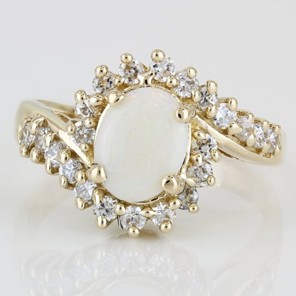 Vintage Oval Opal Halo Ring 14k Yellow Gold CZ Cluster Cocktail Statement Band - Picture 1 of 7